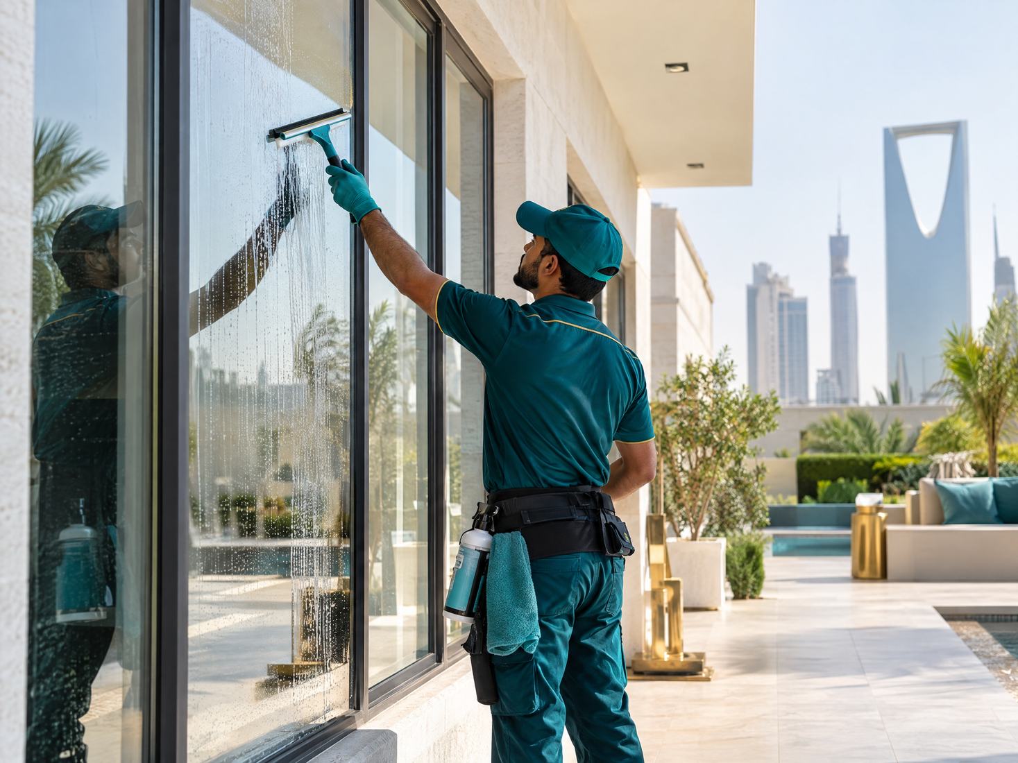 تنظيف الواجهات والزجاج في الدمام فني ينظف واجهة زجاجية ضمن خدمة تنظيف واجهات في الدمام